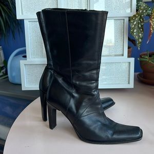 Charles David Black Leather Square-Toe Fitted Mid-Calf Boots Sz 38